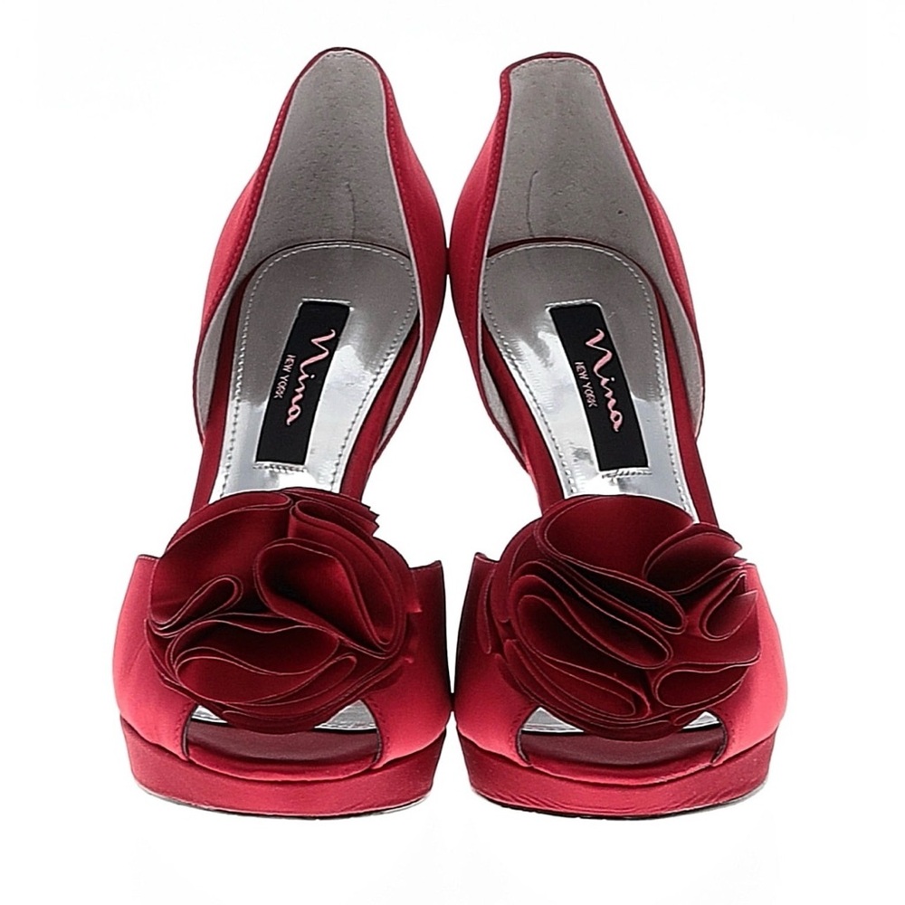 NINA ~ Red Satin 5” Heel w/Flower Accent and Silver Footbed/Sole size 8 - Picture 6 of 10